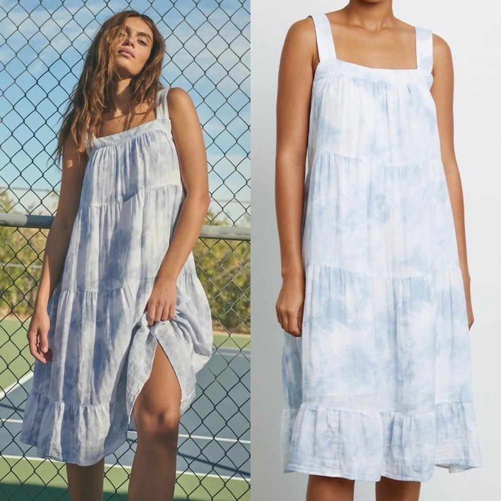RAILS Amaya Midi Dress Cascade Tie Dye Blue White Cotton Gauze XS